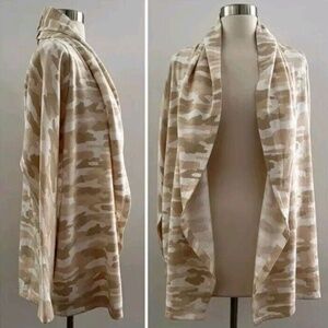 Lucky Brand Cardigan Women Small Open Front Camo Print Sweater Tan White $79 NWT